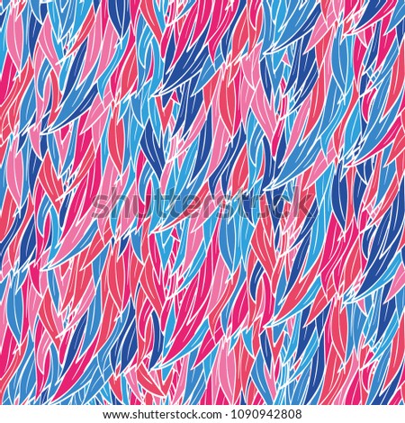 Seamless hand drawn pattern with boho pink and blue feathers, vector illustration