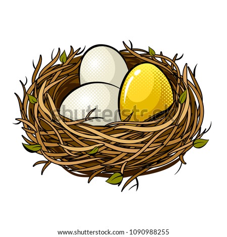 Nest with golden egg pop art retro vector illustration. Isolated image on white background. Comic book style imitation.
