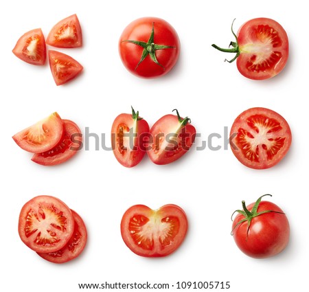 Set of fresh whole and sliced tomatoes isolated on white background. Top view Royalty-Free Stock Photo #1091005715