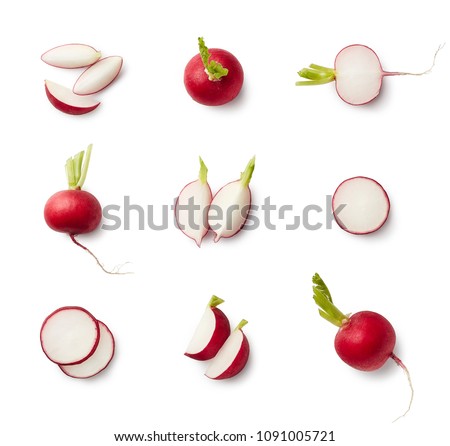 Set of fresh whole and sliced radishes isolated on white background. Top view Royalty-Free Stock Photo #1091005721