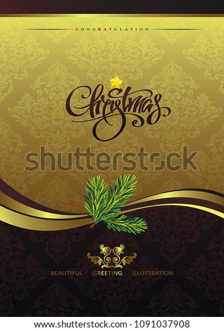 Christmas greeting card with gold background. Elegant damask ornament with vector stylized floral elements. Beautiful illustration. Vintage decorative golden frame. Winter retro holiday design