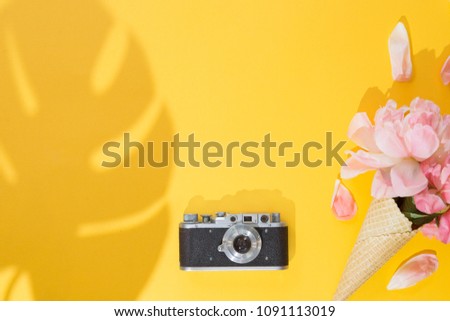 Summer bright background with vintage photo camera, waffle cone with pink flowers, palm leaf, top view flat lay on yellow background. Tropical concept