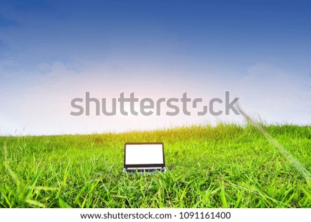 Computer is on green field under blue sky,Computer business technology concept and design 