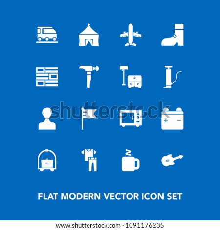 Modern, simple vector icon set on blue background with footwear, foot, musical, white, clothing, cup, user, newspaper, oven, saw, van, train, account, full, battery, flag, plane, national, room icons