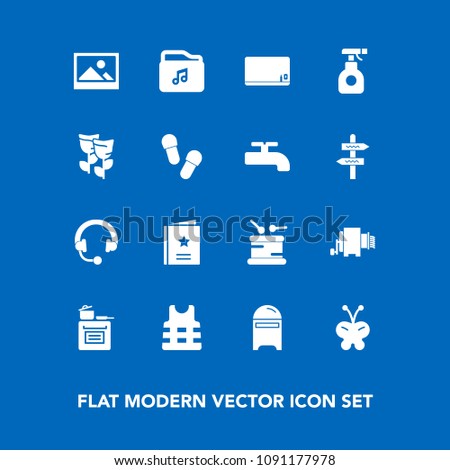 Modern, simple vector icon set on blue background with blank, instrument, chemical, sprayer, old, background, cooking, audio, pesticide, insect, mailbox, nature, pasta, favour, music, musical icons