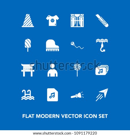 Modern, simple vector icon set on blue background with food, paper, sign, interior, road, fly, home, torii, traffic, lamp, ice, sweet, curtain, music, file, male, pool, fruit, clothes, lollipop icons
