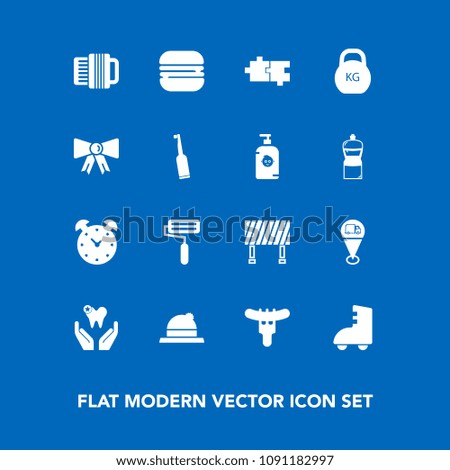 Modern, simple vector icon set on blue background with sausage, sign, watch, hour, healthy, accordion, road, alarm, white, clock, meat, dinner, fashion, suit, roller, burger, hat, sport, snack icons