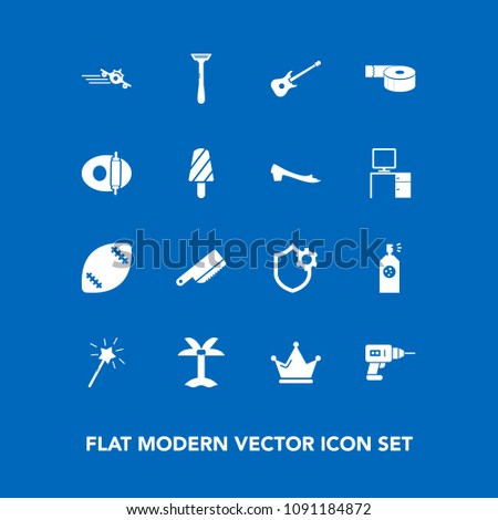 Modern, simple vector icon set on blue background with white, plane, table, office, razor, adhesive, music, king, pan, wand, summer, fork, football, musical, security, tape, crown, stadium, work icons