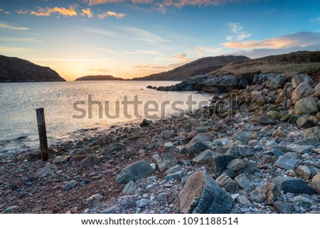 Sunset on the shores of Loch Bervie at Kinlochbervie in the north west of Sutherland, in the Scottish Highlands