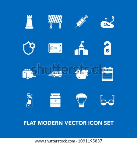 Modern, simple vector icon set on blue background with clinic, oven, bus, street, drill, health, balloon, bike, bicycle, road, eye, security, wildlife, van, vehicle, dentist, hot, nature, piece icons