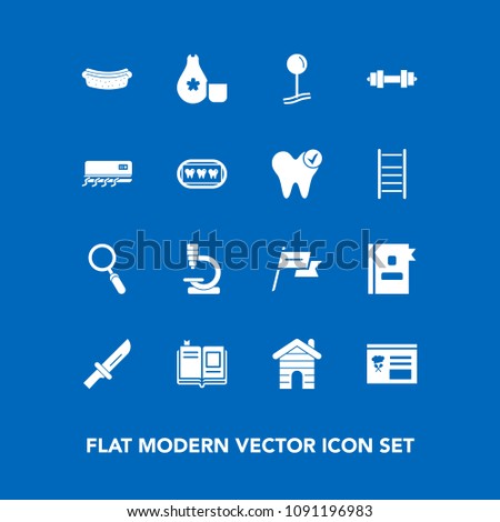 Modern, simple vector icon set on blue background with real, nation, biology, directory, air, telephone, conditioner, zoom, wind, restaurant, patriotism, book, library, business, cuisine, hotdog icons