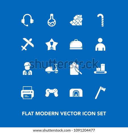 Modern, simple vector icon set on blue background with Christmas, medicine, home, ride, printer, wrench, map, candy, warm, sound, equipment, sweet, print, bag, kitchen, laboratory, tool icons