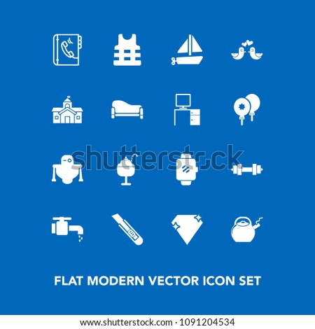 Modern, simple vector icon set on blue background with sweet, water, love, gem, safety, transportation, food, dessert, robot, government, travel, pigeon, watch, kitchen, technology, kettle, bird icons