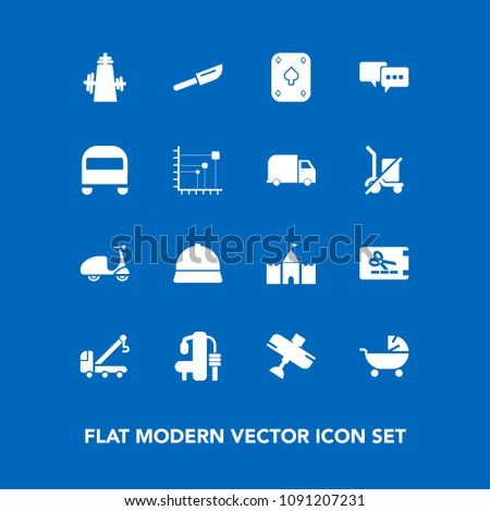 Modern, simple vector icon set on blue background with plane, game, discount, kid, price, bike, bus, fork, stroller, gym, speech, sign, fitness, coupon, baby, kitchen, accident, tow, cutlery icons