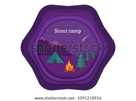 Evening camp whith bonfire and tent in trandy paper cut style. Pine forest and rocky mountains. Starry night sky and shooting star. Vector card illustration. Night camping adventure