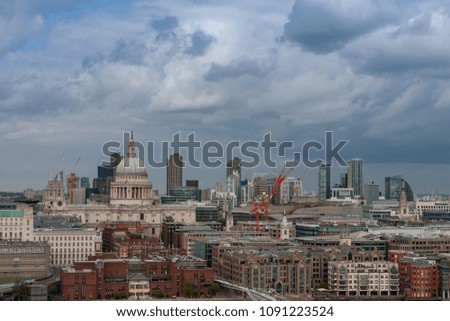 Aerial view of north bank of the river Thames, St Paul's Cathedral  in London. 