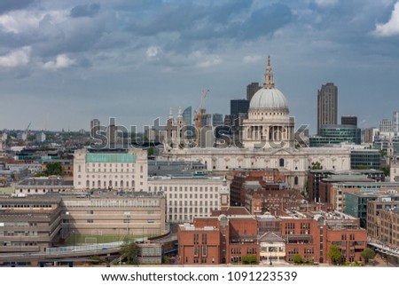 Aerial view of north bank of the river Thames, St Paul's Cathedral   in London. 