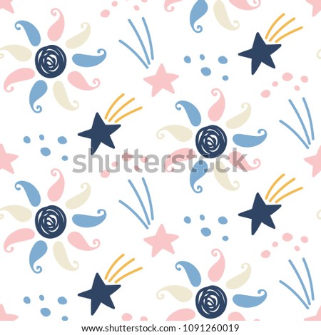 Hand drawn outer space seamless pattern. Vector illustration.