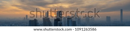 scenic of panorama view urban cityscapw on sunset skyline and mist background