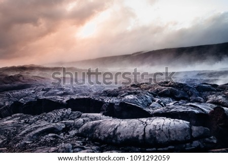 view of amazing landscape of steam lava field in Big island Hawaii