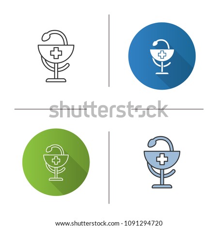 Bowl of Hygeia icon. Pharmacy. Flat design, linear and color styles. Isolated vector illustrations