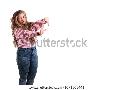 Happy girl with a gesture of focus with her hands