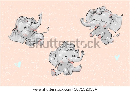 Set of cute childish cartoon baby elephants and hearts on grunge background vector illustration for prints banners cards