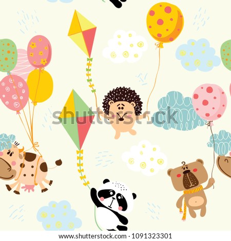 Vector seamless pattern with doodle cute animals in simple design for kid's