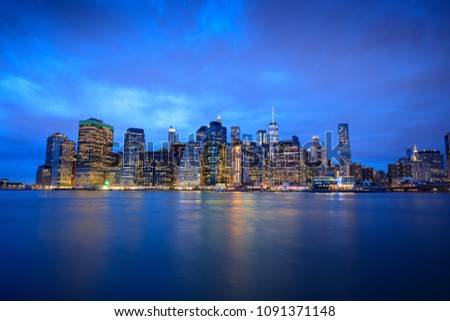 Downtown Manhattan skyline at night in New York City