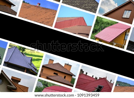 A collage of many pictures with fragments of various types of roofing. Set of images with roofs