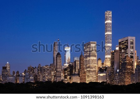 Manhattan skyline at dusk, New York City Upper East Side, USA.