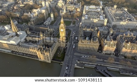 London Bird View of Houses of Parliament, Big Ben, Palace of Westminster and Gothic Historical Landmarks Buildings from Up High in England, United Kingdom