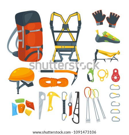 Climbing equipment, vector icons and design elements set. Mountaineering extreme sport gears and accessories, cartoon style illustration.