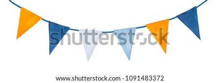Cute, colorful, party garland with decorative festive flags. Yellow orange, light blue, dark indigo colors; triangular shape. Hand drawn water colour graphic painting on white, clip art for design.