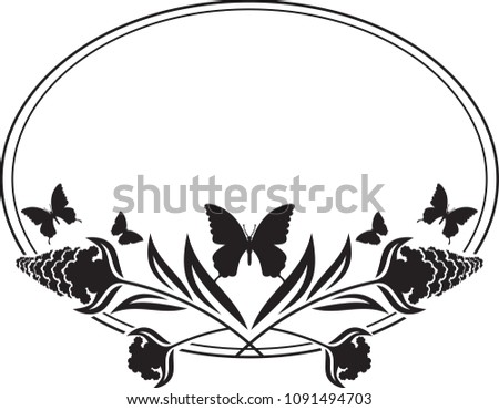  Flower round frame with butterflies silhouettes. Copy space. Vector clip art.