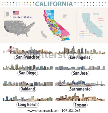 California's vector high detailed map showing counties formations. Skylines of major cities of California Royalty-Free Stock Photo #1091531063