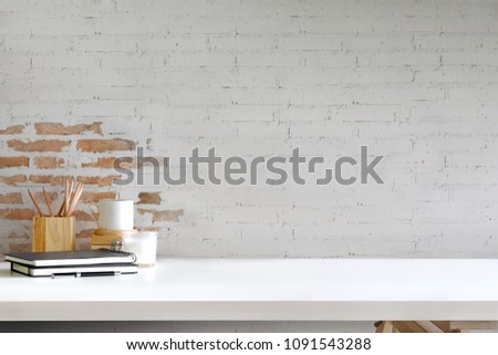 Workspace desk mockup black blank poster and artist accessory with copy space.