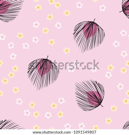 Tropical seamless pattern with flowers and leaves. Tropical leaves and flowers are pink and white. Romantic pink floral background.