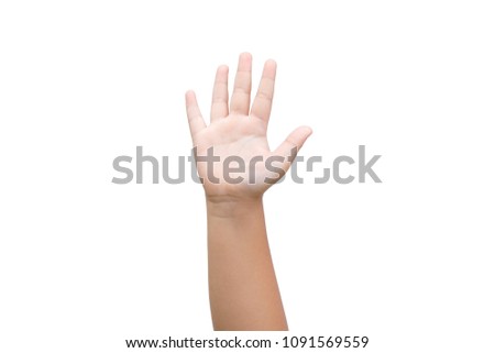 Children Boy raise hand up showing the five fingers on white background