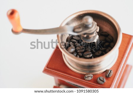 Coffee cup and coffee beans on white background. cup of coffee, grinder, turk and coffee beans
