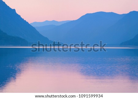 Dawn on Lake Teletskoye, Mountain Lake, beautiful reflection, natural backgrounds, Altai