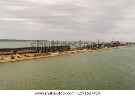 Panoramic view of The Kerch Strait Bridge construction (Crimean Bridge)