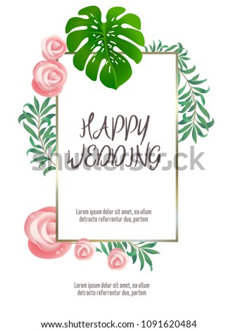 Botanic card with monstera leaf, flowers. Spring ornament concept. Floral poster, invite. Vector layout decorative greeting card or invitation design background. Hand drawn illustration