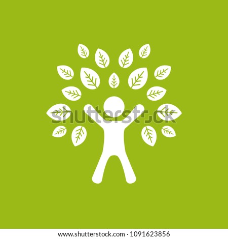 Green man silhouette with leaves. Human tree. Isolated on white. Flat design. Vector flat illustration. Ecology thinking pictogram. Eco friendly. Go green concept. 