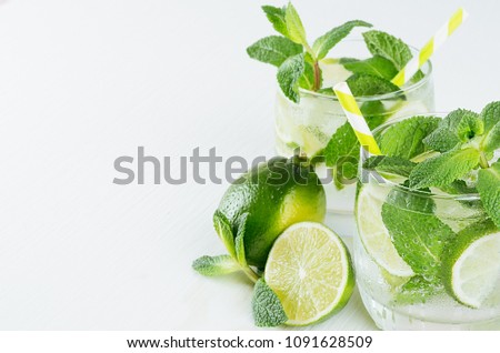 Cold detox summer mineral water with lime, mint, ice, straw on soft white wood background as decorative border, top view, closeup.