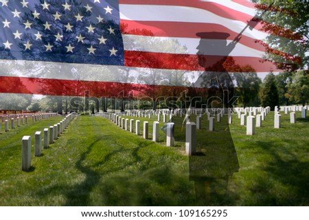 Great for fourth of July, Memorial Day, labour day or flag day. Grave stones in a row with a soldier silhouette and an US National flag. Royalty-Free Stock Photo #109165295