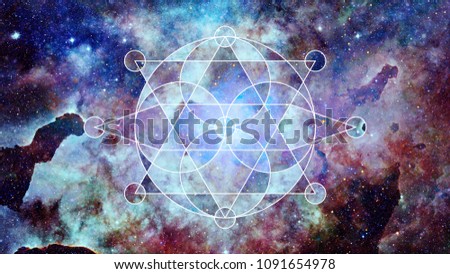 Abstract cosmos geometric background with polygons, triangles, stars and nebula. Polygonal cloudscape backdrop. Elements of this image furnished by NASA.