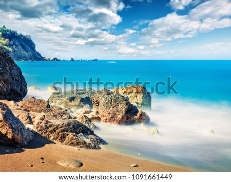 Fantastic spring view of Avali Beach. Attractive morning seascape of Ionian sea. Exotic outdoor scene of Lefkada Island, Greece, Europe. Beauty of nature concept background.
