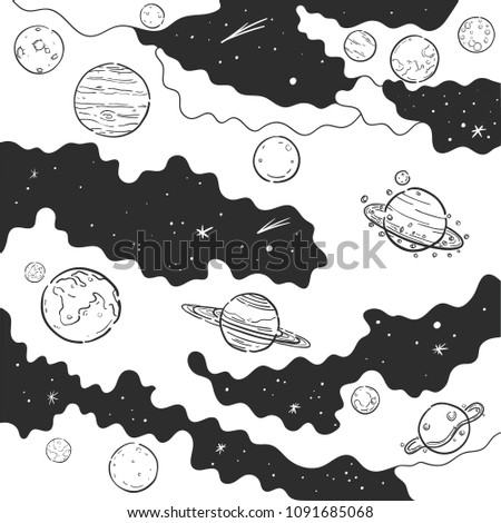 Universe Planets Background ,black line ink style, Abstract Vector illustration 