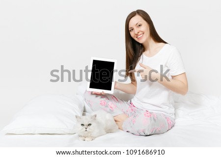 Woman sitting in bed with white cute Persian silver chinchilla cat isolated on white background. Female with tablet pc computer with blank screen spending time in room. Rest, relax, good mood concept